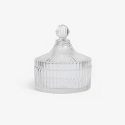 Bomboniere de Vidro Canelado com Tampa 10x10cm - Porta Joias e Doces de Luxo Retro