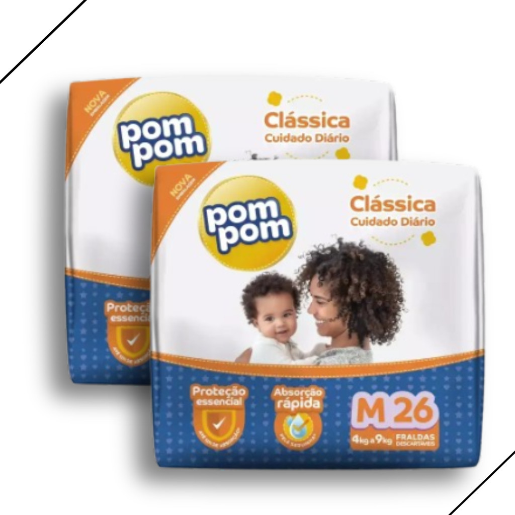 Kit 2 Fralda Descartável Pom Pom Clássica Jumbo Tamanho M - Total 52 Unidades