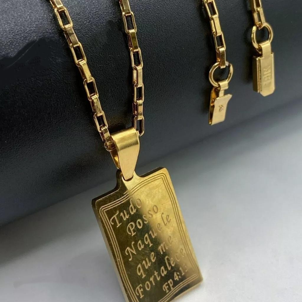 Corrente Masculina e Feminina Aço Inoxidável 316L Prata/Dourado Colar com Pingente Placa Tudo Posso em Oferta na Shopee