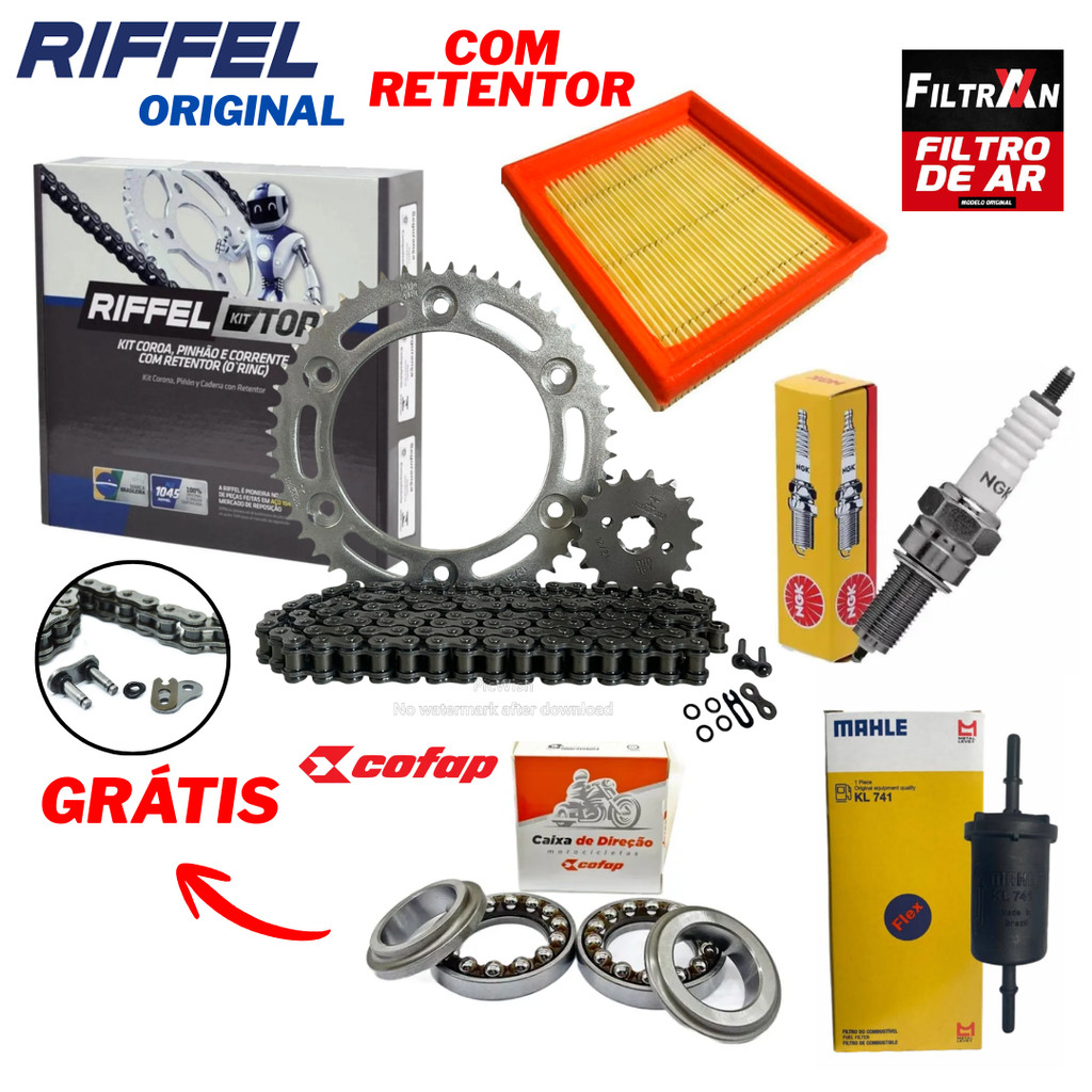 Kit Relação Transmissão Riffel com Retentor + Kit Revisão Bros 160 - - Vela Ngk - Filtros em Oferta na Shopee