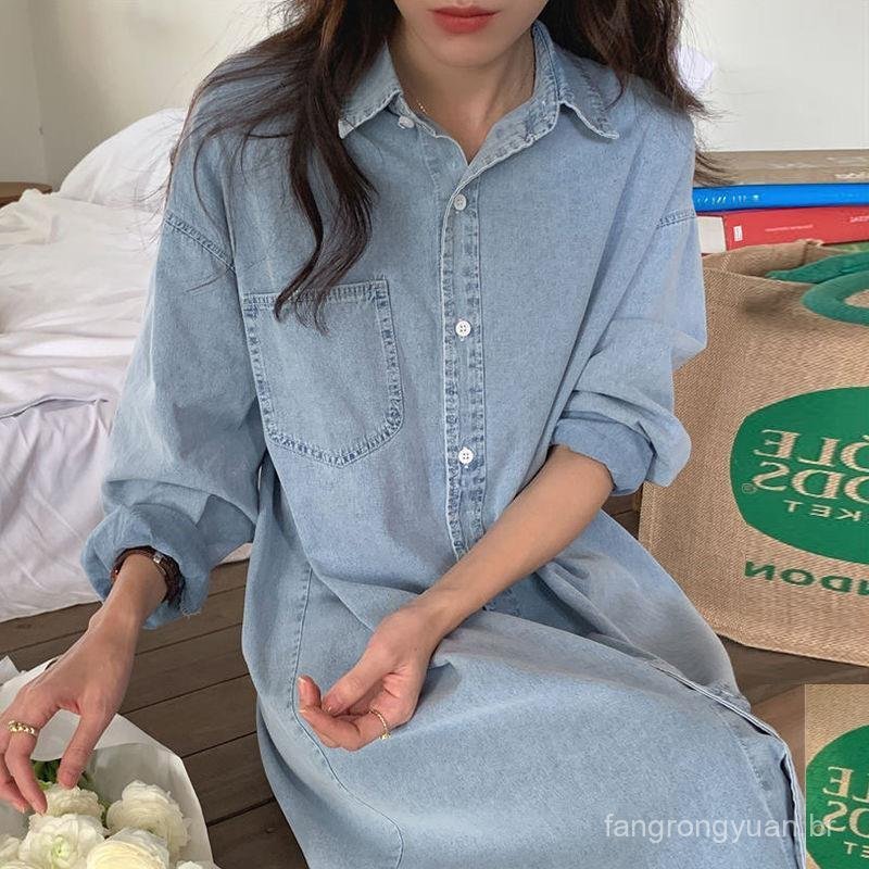 Coreia chique outono simples lapela Single-Breasted camisa solta saia Casual estilo longo manga longa imitação Denim ves