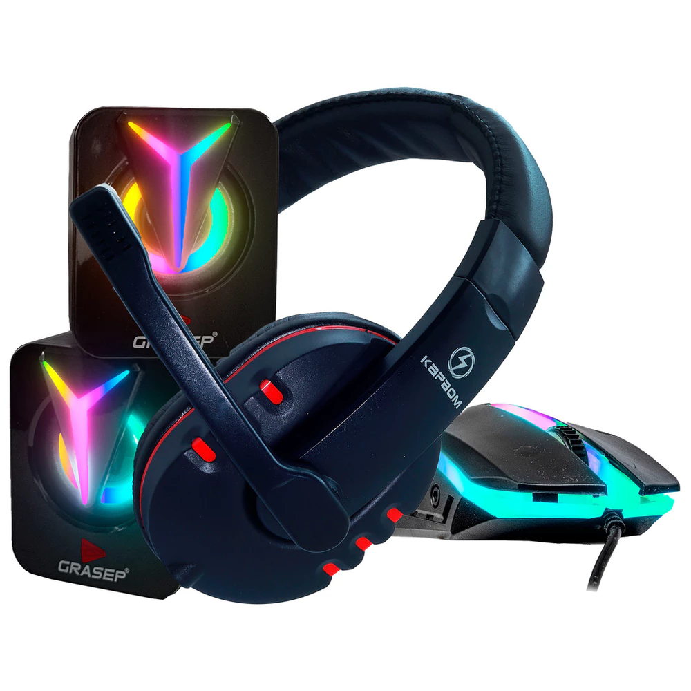 Kit Caixa De Som E Fone Headset Gamer + Mouse LED Chroma Note Computador Tv Mac USB P2