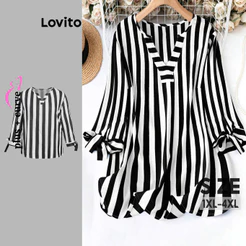 Lovito Casual Blusa feminina listrada Plus Size curva com cadarço Bordado LBL19053
