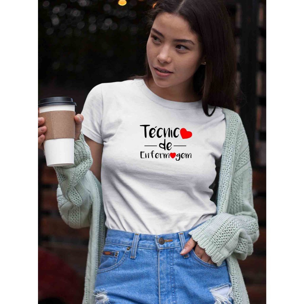Blusa Babylook Feminina Estampada TECNICA DE ENFERMAGEM CORAÇÃO 100% Algodão Faculdade enfermagem