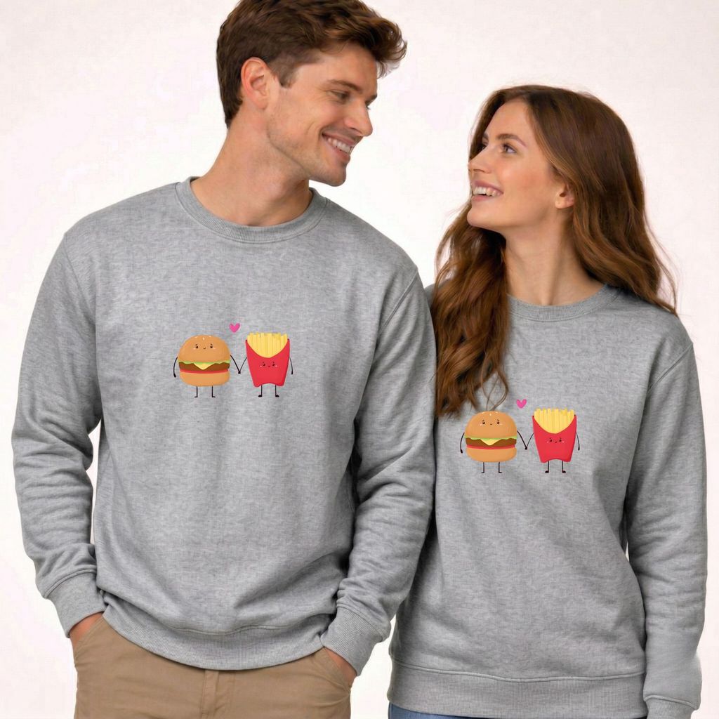 Kit 2 Moletom careca Casal hambúrguer e batata frita Fofo Blusa de Frio Unissex Love Conjunto Namorados Presente