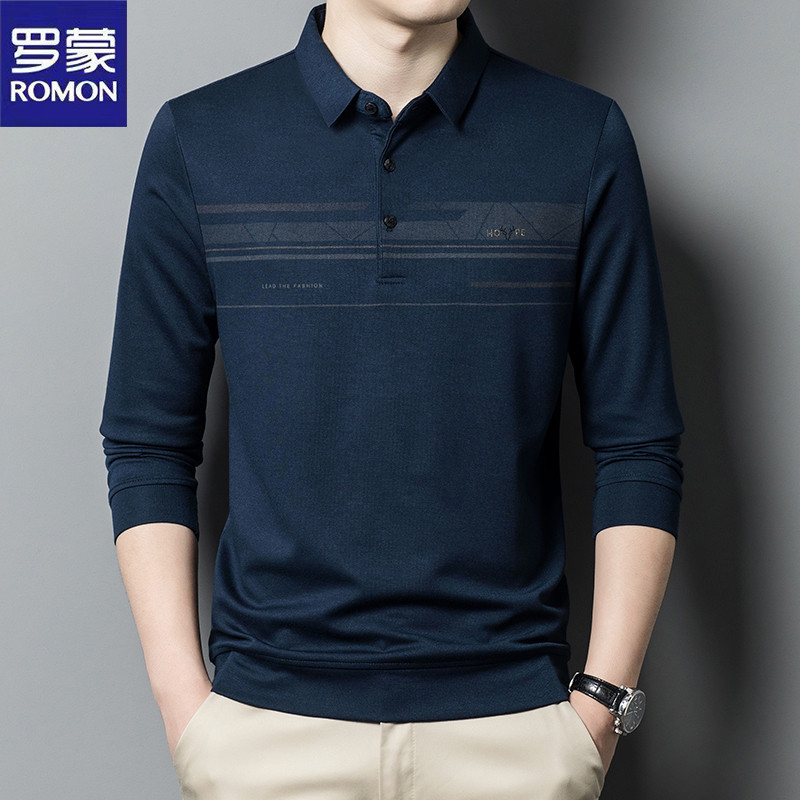 Romon/Romon Primavera Outono Lapela Camiseta de Manga Comprida Solta Casual Pai de Meia-Idade Desgaste Camisa POLO de Al