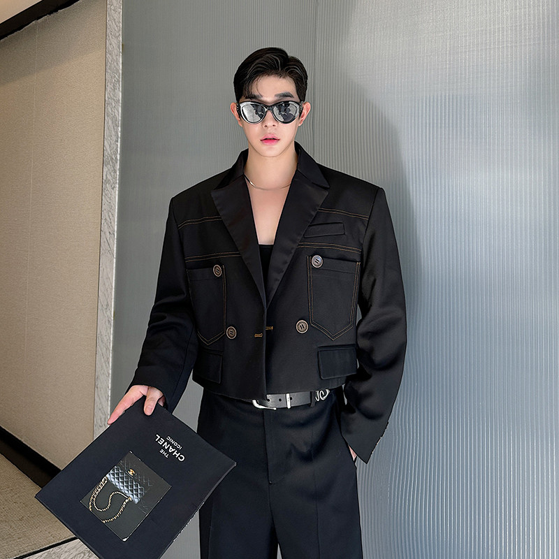 Primavera outono nicho Designer linha aberta contraste cor curto terno jaqueta masculina indústria pesada High-End ombre