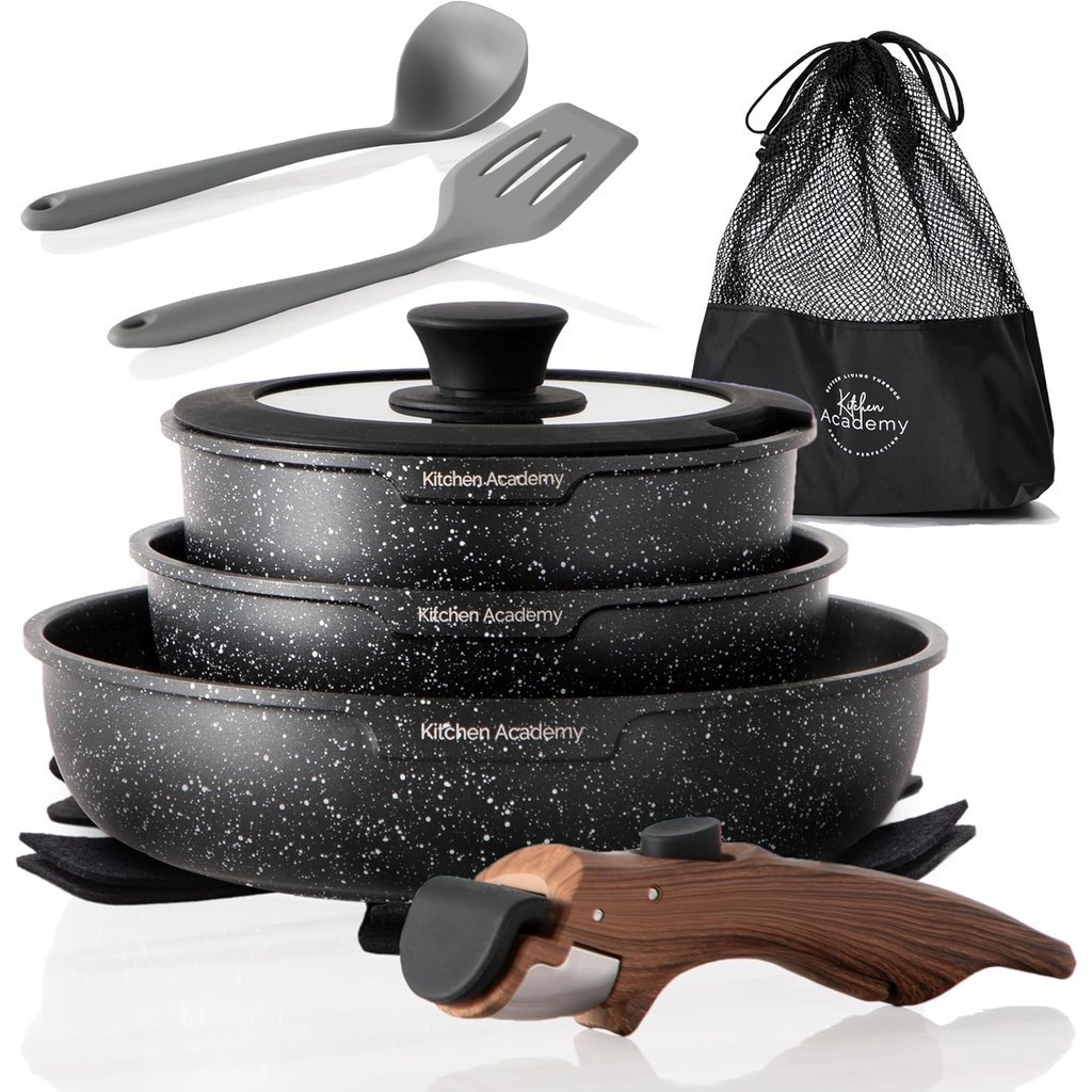 Conjunto de Panelas e Frigideiras de Indução com Cabo Removível Kitchen Academy - Conjunto de Utensílios de Cozinha Anti