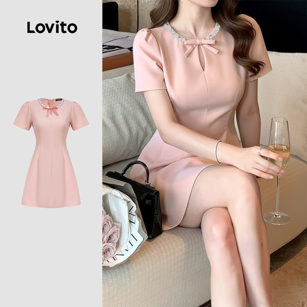 Lovito Elegante Vestido Laço de Lantejoulas Primavera/verão Rosa para Mulheres L