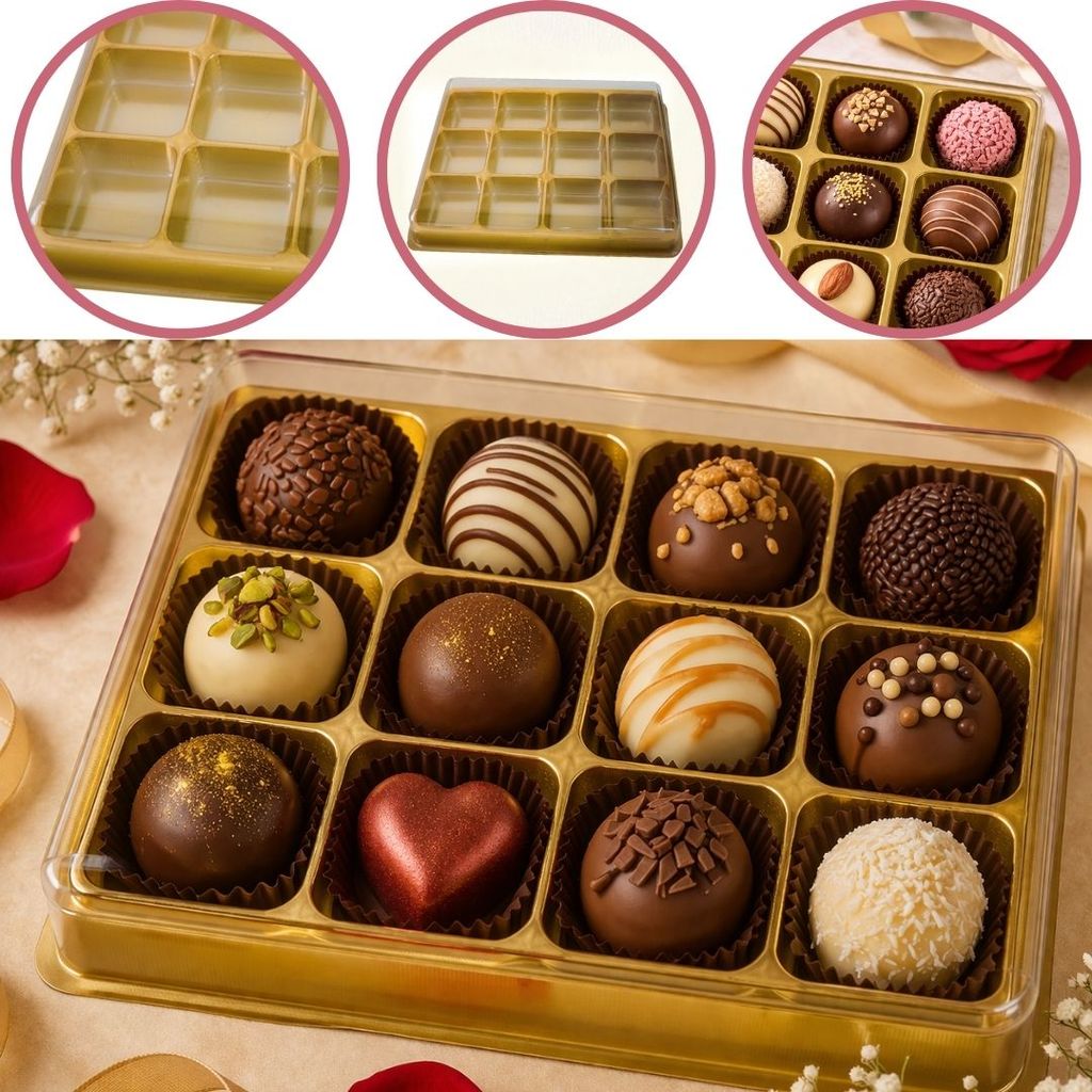 10~20 CAIXA EMBALAGEM P/ 12 DOCES E BOMBONS DOURADO BWB 14290 ( CHOCO)