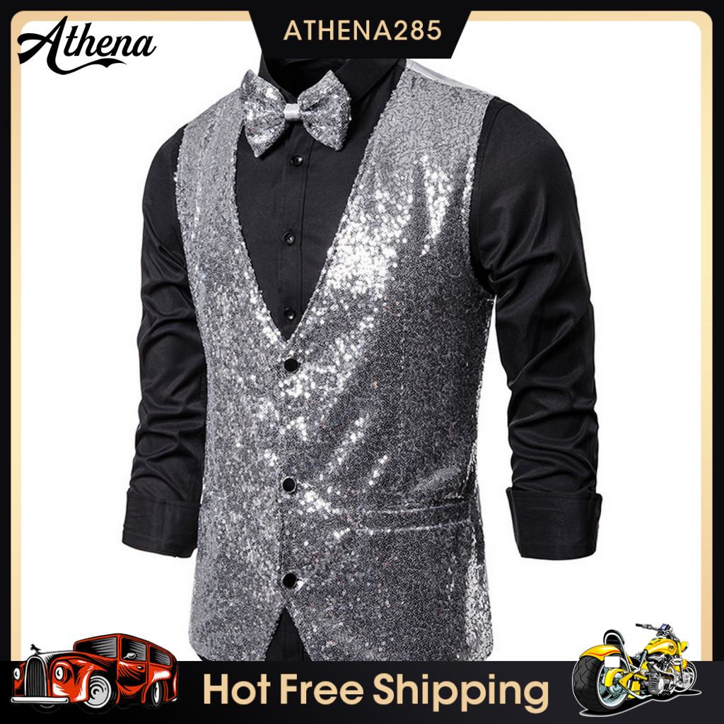 Solid Color Sleeveless Vest Jacket Button Closure Men Men's Sequin Bow Tie Set Slim Fit Waistcoat Single-breasted V-neck