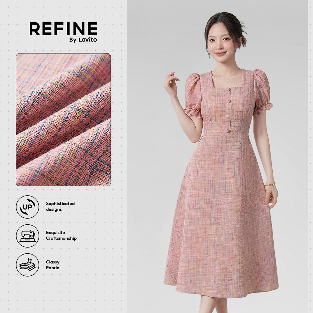 (Refine by Lovito) Vestido Feminino Elegante Rosa Botões Primavera Verão LR32E051