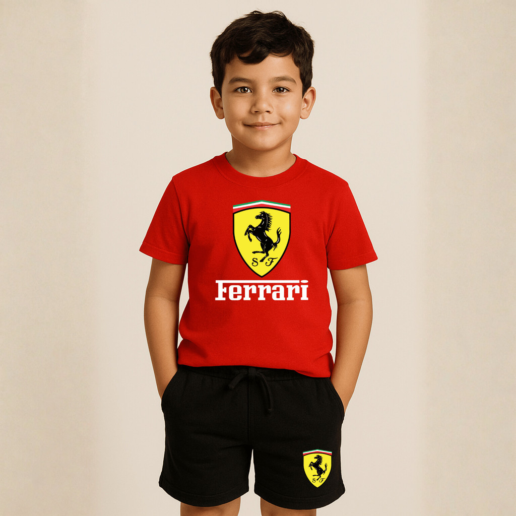 Conjunto Infantil Juvenil Kit 2 Peças Camiseta e Short Moletom  Ferrari Meninos Bermuda casual e Camisa 100% Algodão