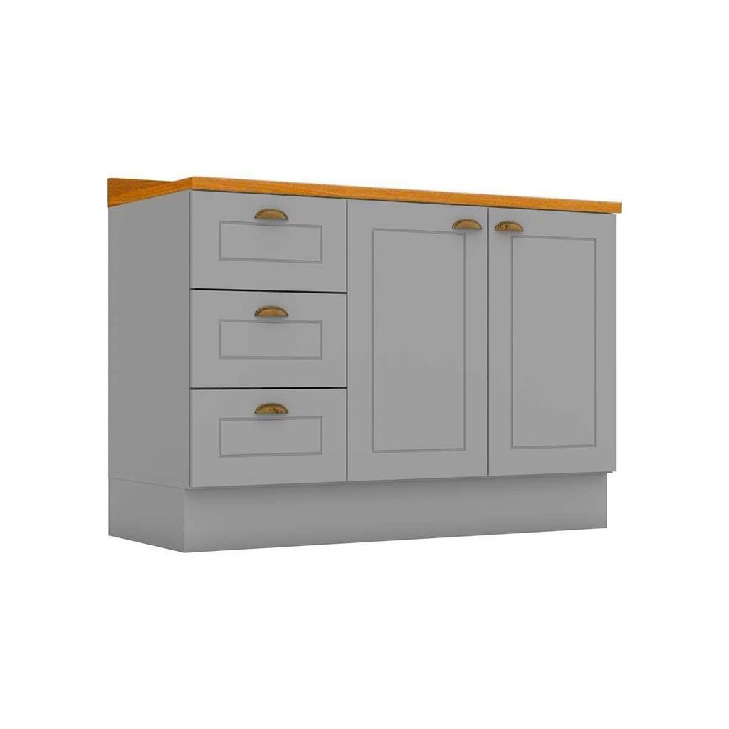Balcão de Cozinha Americana p/ Pia c/ 2 Portas e 3 Gavetas c/ Tampo 120cm Cinza - Henn