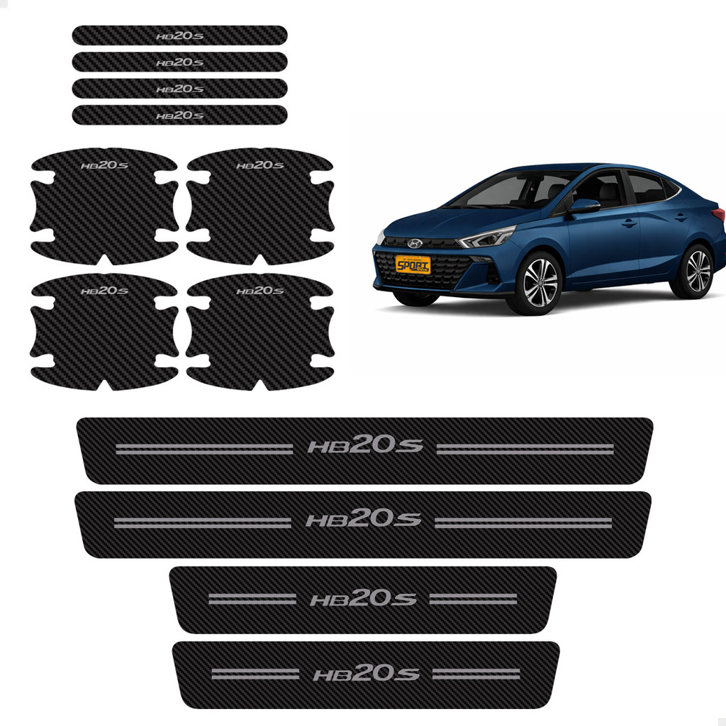 Kit Para Hb20s Soleira + Maçaneta Adesivo Fibra de Carbono