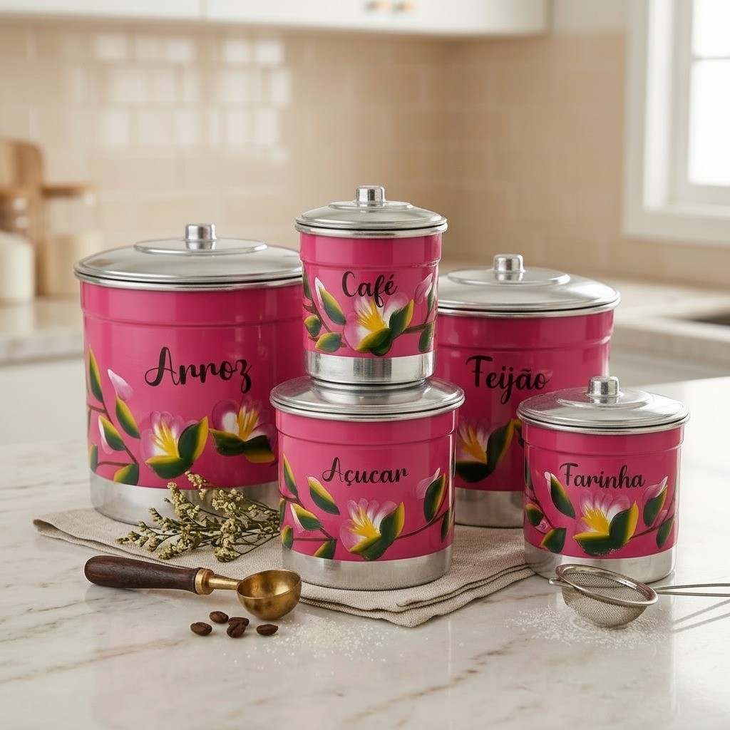 Kit jogo de mantimento 5 peças decorado a mão - Flores - lata plástico, organizador alimentos