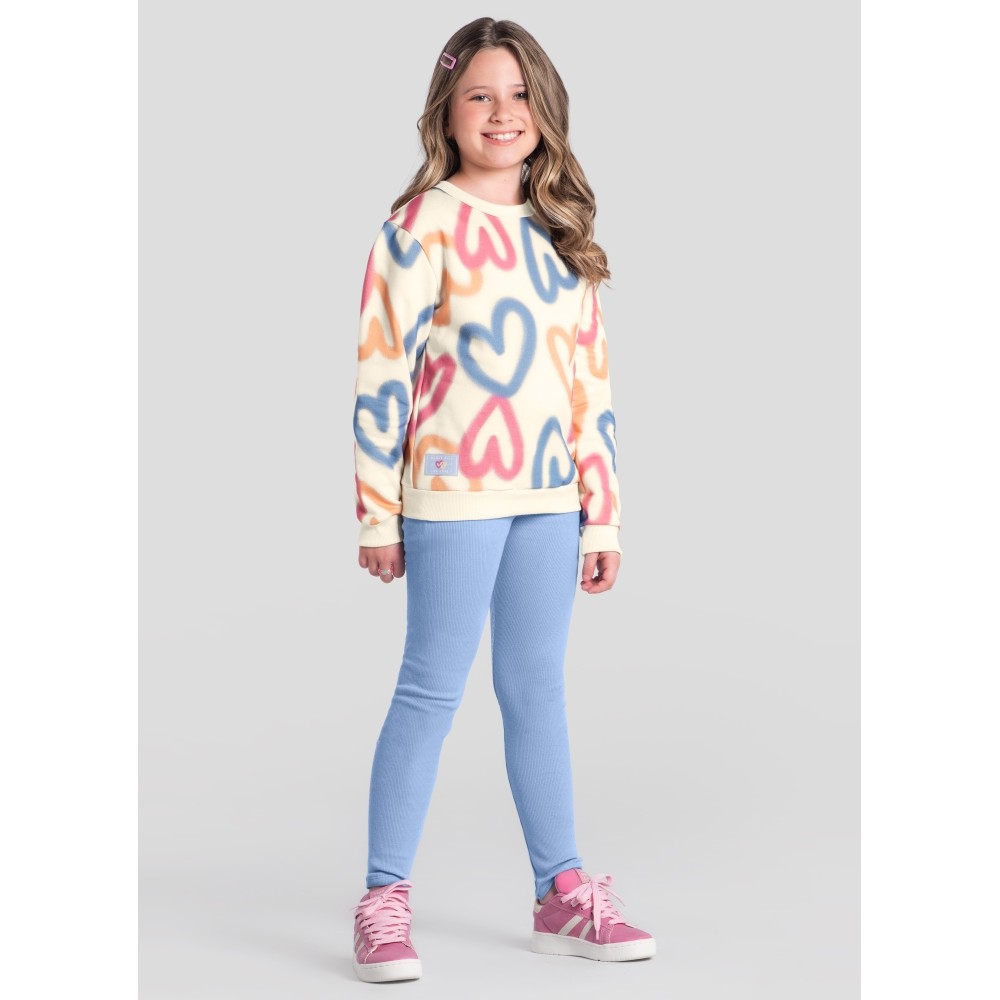 Conjunto Infantil Menina Brandili Inverno com Calça Legging Azul e Moletom Flanelado Corações