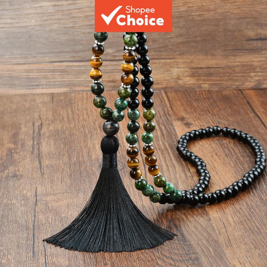 Colar Longo Boêmio De Pedra Natural 108 Com Contas Olho De Tigre África Turquesa Franja Retrô Unissex