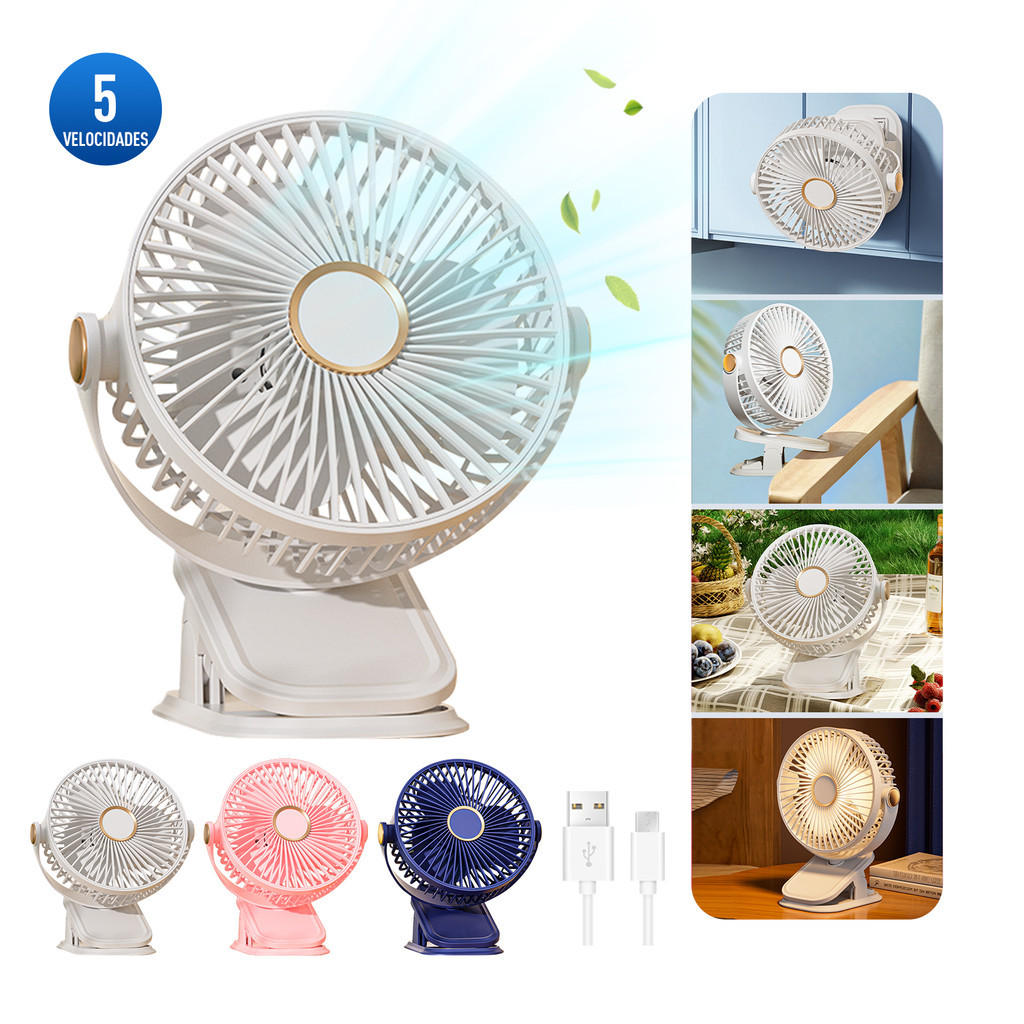 Ventilador Portátil Mini Recarregável USB com LED, 5 Velocidades, Silencioso, Rotação 720°, Quarto e Viagens