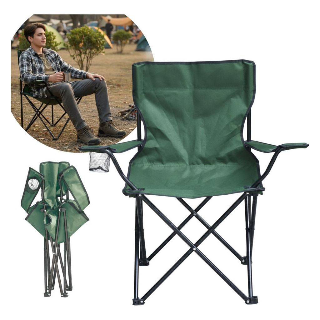 Cadeira de Camping Com Apoio de Braço e Porta Copos Verde Ideal Para Praia Camping Pescaria e Lazer
