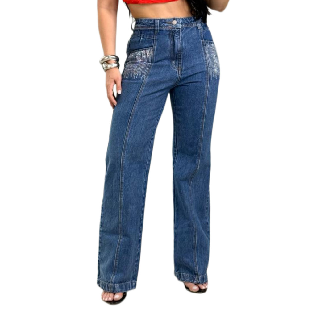 Calça Jeans Feminina Wide Leg com Brilho no Bolso Cintura Alta – Pantalona Boca Larga, Jeans Premium, Moderna, Tendência