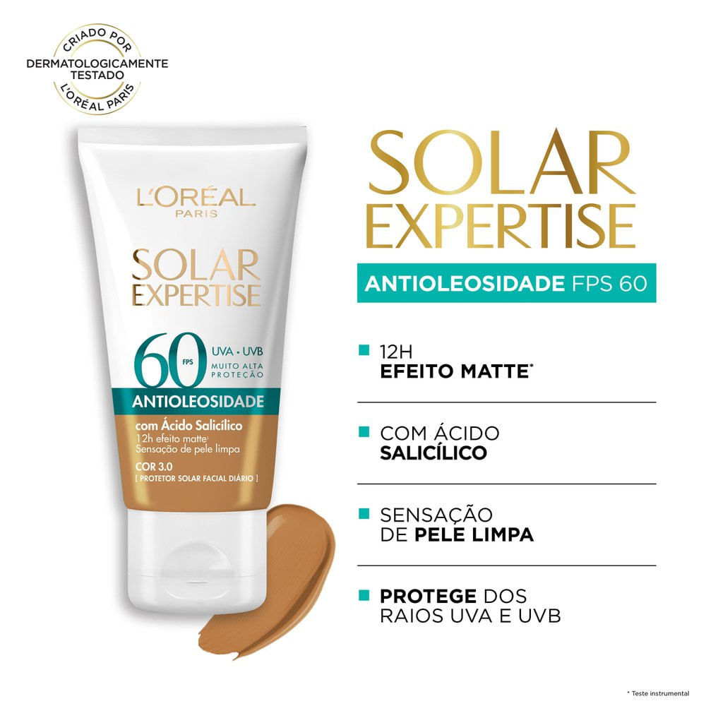 Detalhes do Protetor Solar Facial L'Oréal Paris Solar Expertise Antioleosidade FPS 60 Cor 3.0 Média 40g