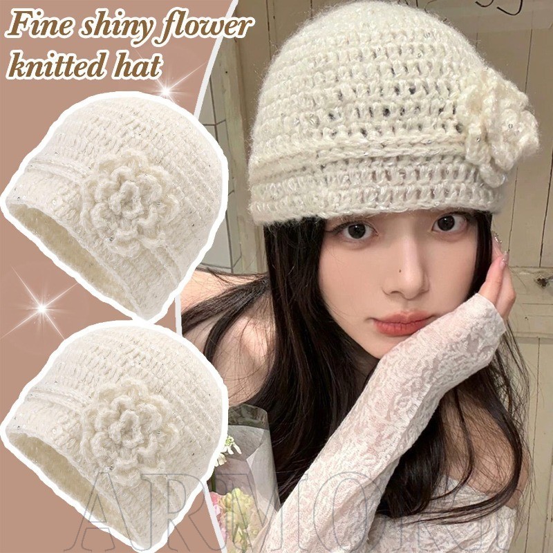 Chapéu Skullies Quente Outono Inverno-Show Face Pequeno-Boné Balaclava Com Flor Glitter-Chapéus Vazados De Malha Feitos