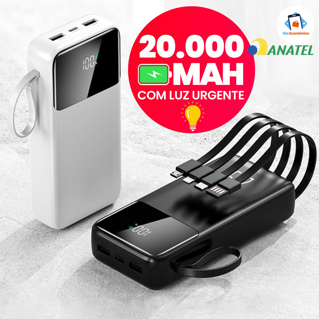 Power Bank 20000mAh: Carregamento Ultra-Rápido, Carregador Portátil, 4 Portas USB e Visor Digital