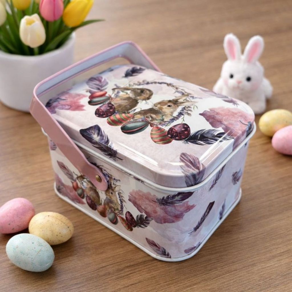 Lata de Metal Retangular com Alça de Páscoa - Coelhinhos e Penas Coloridas - 10,5x8x6cm - 1 unidade - Rizzo em Oferta na Shopee