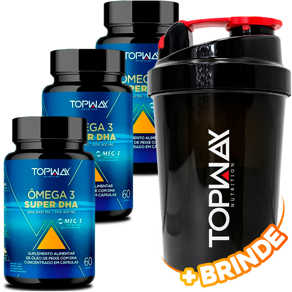 3x Top Way Suplemento Alimentar Ômega 3 Super DHA 1000mg EPA 400mg 60 Caps + Coqueteleira 600ml