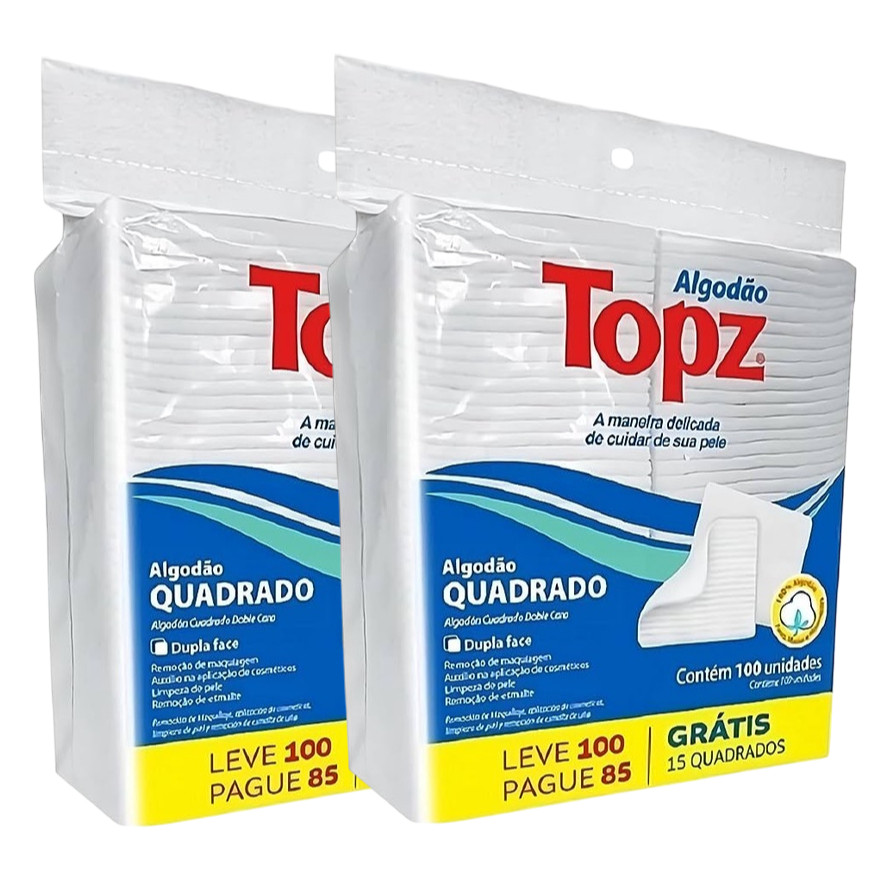 KIT 2 Algodão Topz Quadrado Dupla Face Limpeza Facial 100 Un