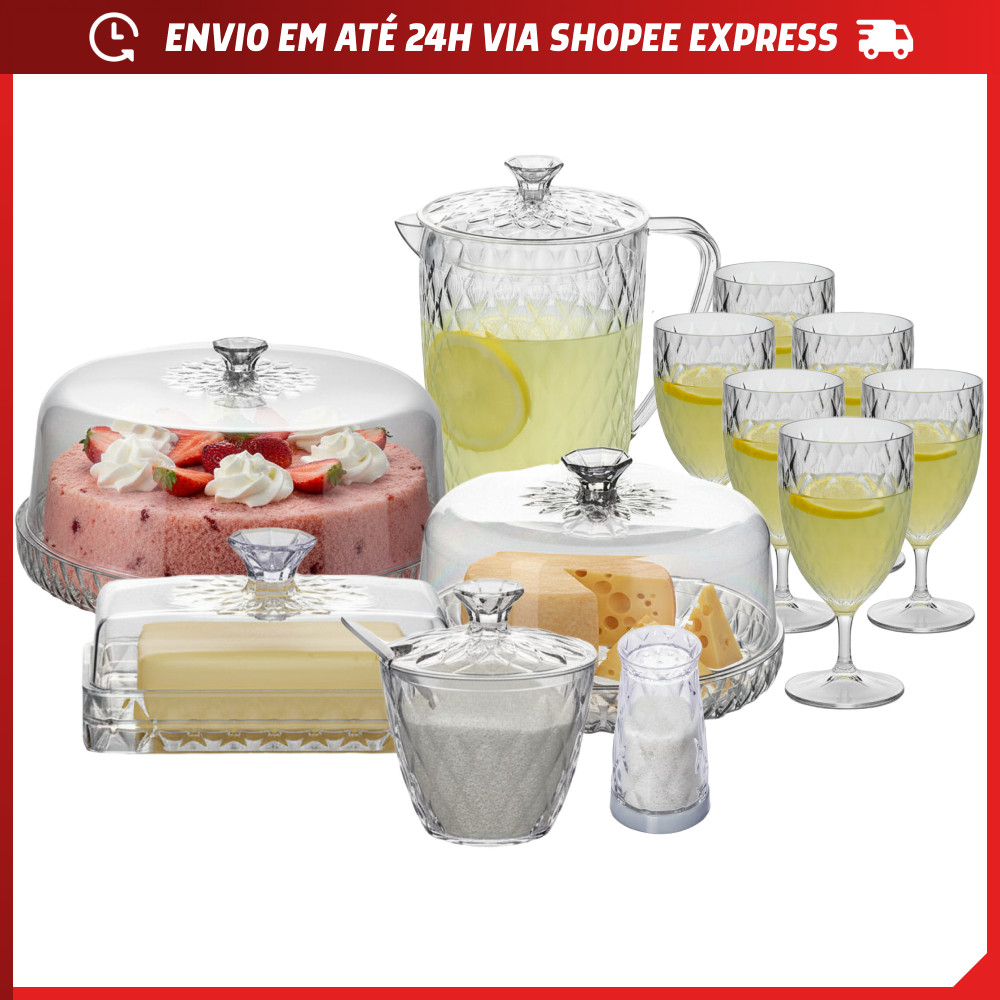 Kit Mesa Posta Glamour Vários Itens Café da Manhã Jarra Queijeira Manteigueira Açucareiro Boleira em Oferta na Shopee