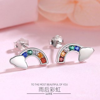 Brincos feitos de prata pura S925, brincos arco-íris para mulheres, estilo coreano, frescos e fofos, com diamantes, aces
