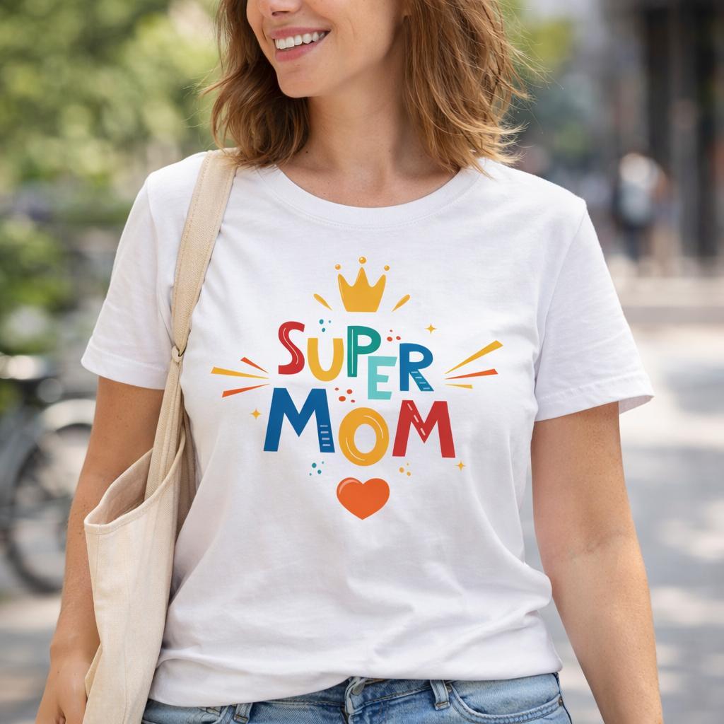 Camiseta Super Mom Feminina Presente Dia das Mães Estampa Colorida Criativa Camisa Mãe Estilosa Confortável Algodão