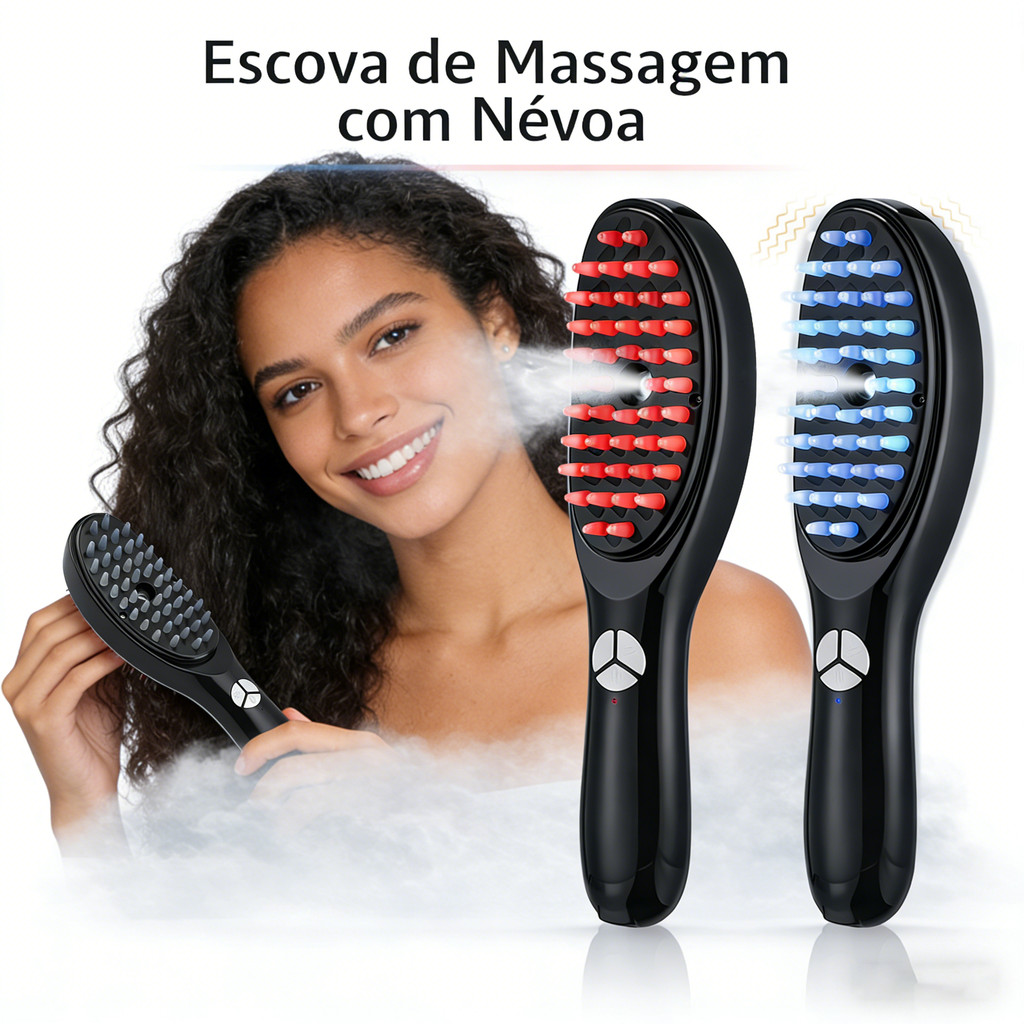 Escova Massageadora 4 em 1 com Laser e LED, Antiqueda e Estimulador de Crescimento Capilar Sem Fio