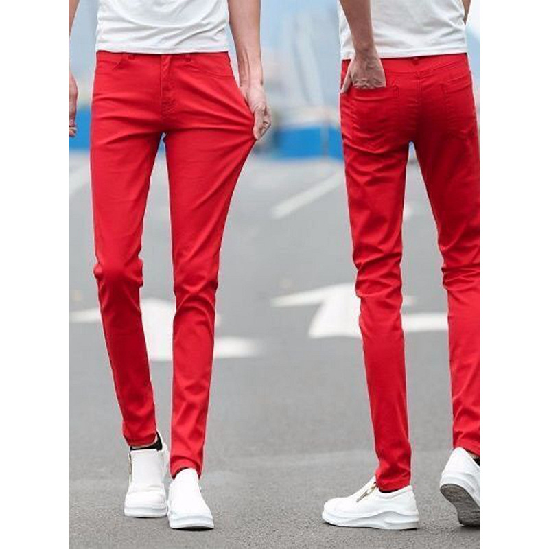 Calças de brim masculinas exclusivas calças vermelhas influenciador de moda calças justas cintura média elástica Tren
