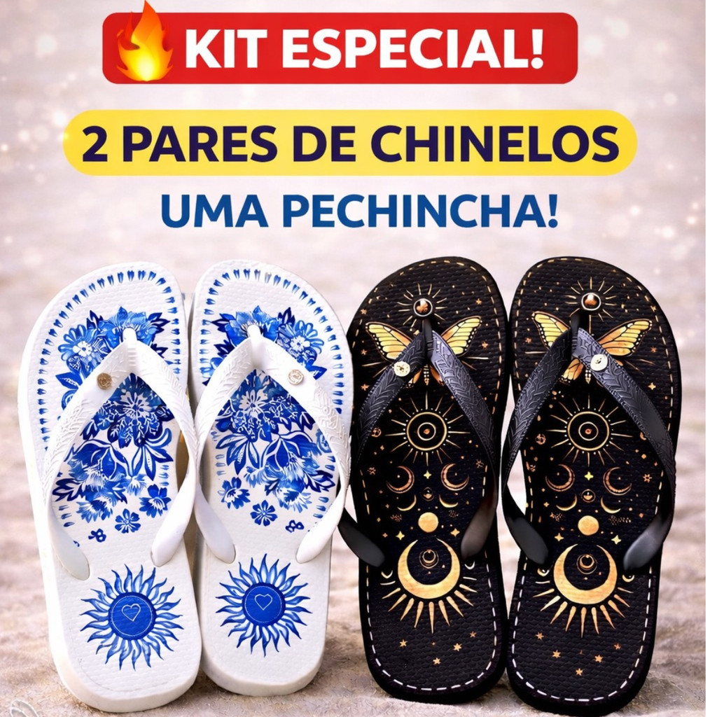 Chinelo Feminino Kit com 2 Pares Confortável Antiderrapante Estampado Floral e Celestial