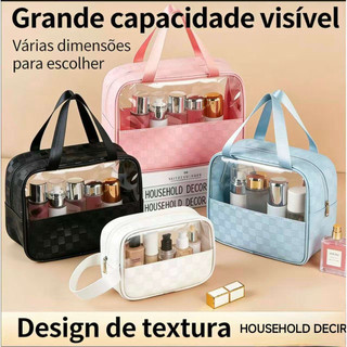 Kit 3 Peças Necessaire de Maquiagem Transparente Xadrez Grande Capacidade, Bolsa de Viage…