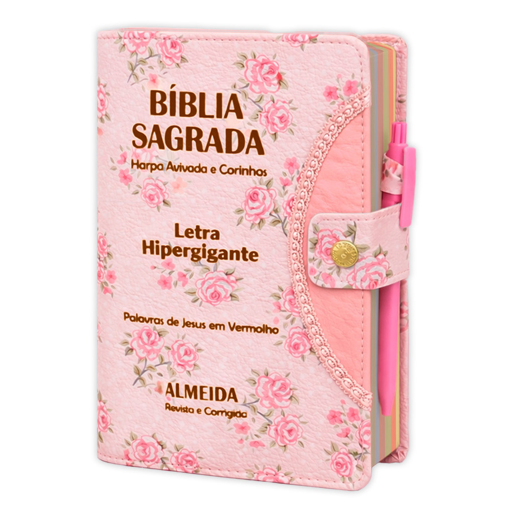 Bíblia Sagrada Hipergigante Rosa Floral com Botão e Harpa Cristã Completa - Índice por Cores