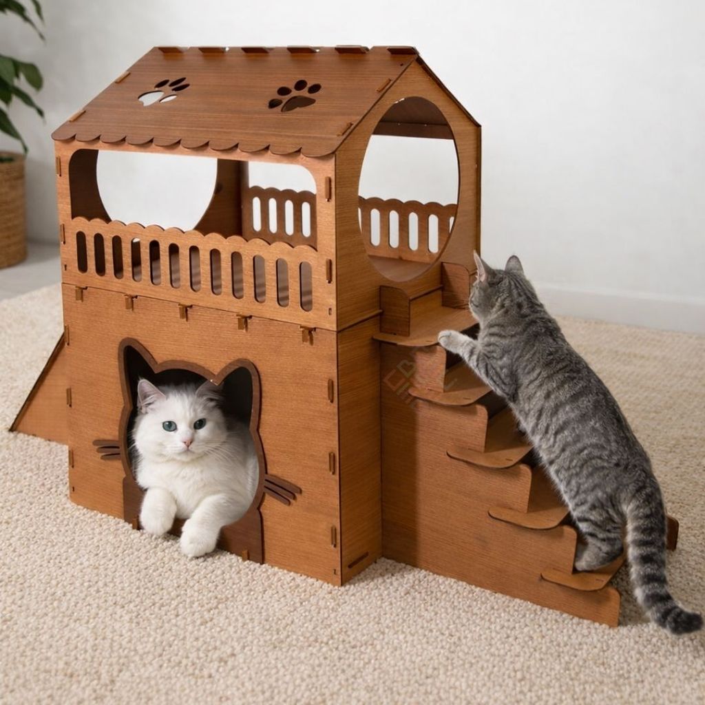 Casa De Gato 2 Andares Playground Casinha Em MDF Com Escada E Rampa Carpete Antiderrapante Nicho Pet