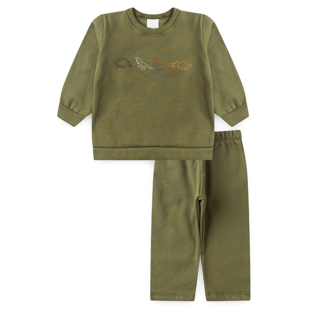 Conjunto Infantil Inverno Moletom Peluciado Verde Estampado Dinossauros 1 ao 4 Duma Kids