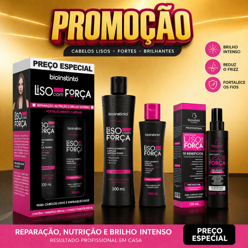 Kit shampoo e condicionador Protetor termico cabelo Fortalecimento e Crescimento Liso com força 3 itens