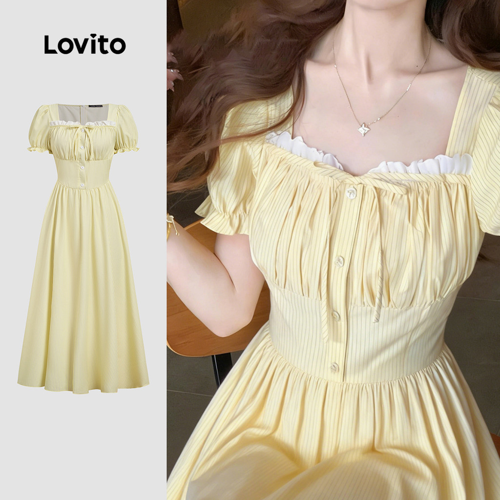 Lovito Padrão de Vestido Fofo Textura Primavera/verão Vestido Amarelo para mulheres L191AD004
