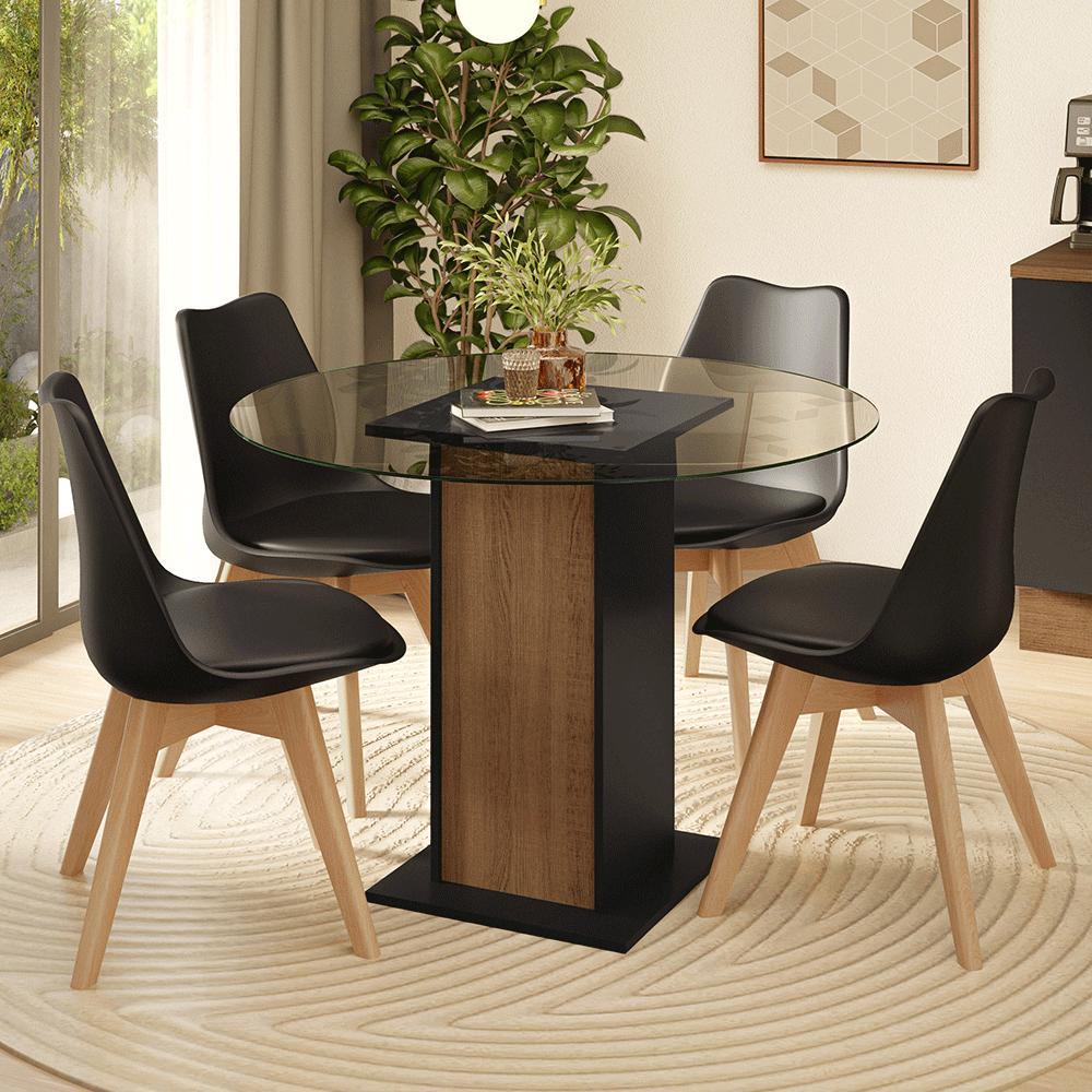Conjunto Sala de Jantar Brusque Mesa Tampo de Vidro 4 Cadeiras Preto/Rustic/Preto Madesa