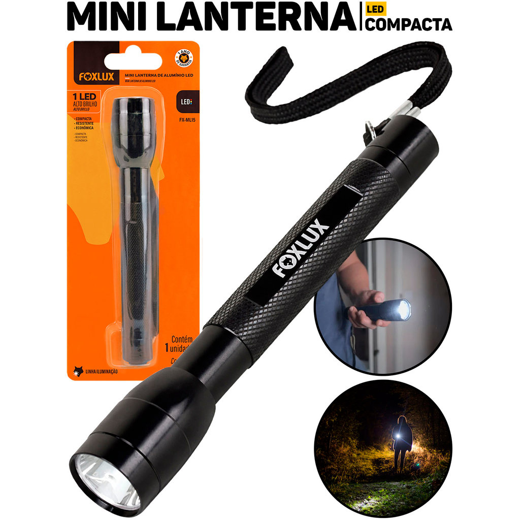 Mini Lanterna LED Foxlux Alumínio Portátil Luz Branca Potente Bolsa Carro Emergê
