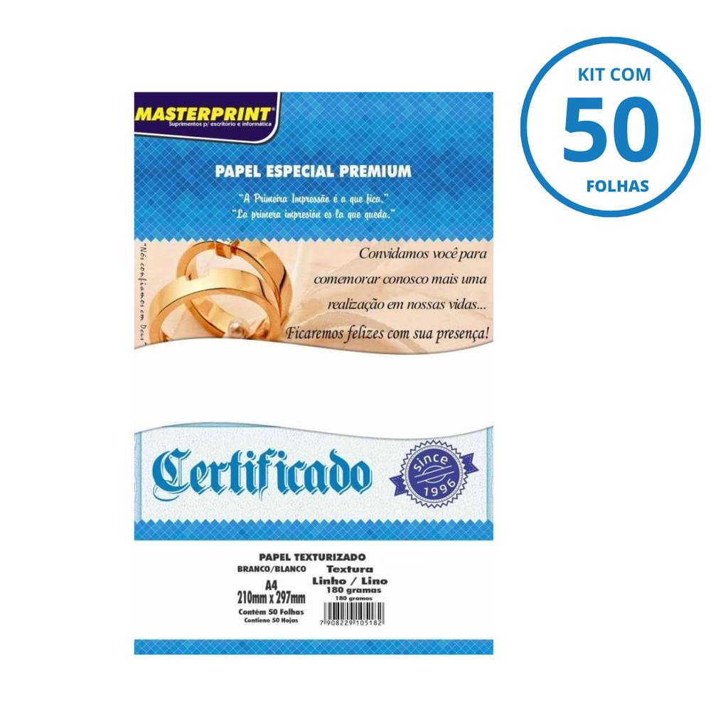 Kit Papel Branco Premium Linho 180g A4 - MASTERPRINT Kit:Com 50