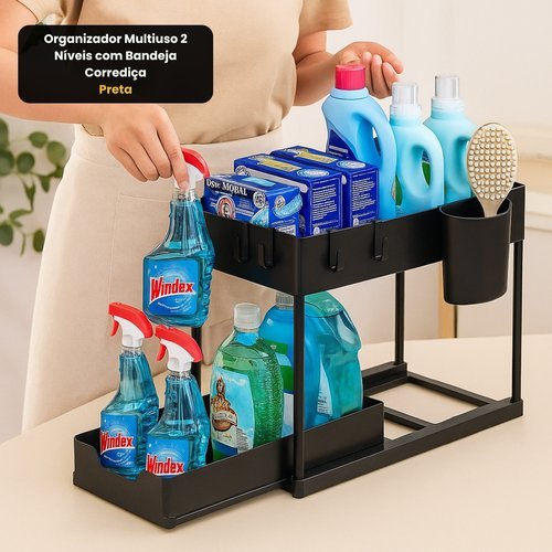 Organizador Multiuso 2 Níveis Preto Bandeja Deslizante Escritório Casa Papelaria Compacto Resistente Prático