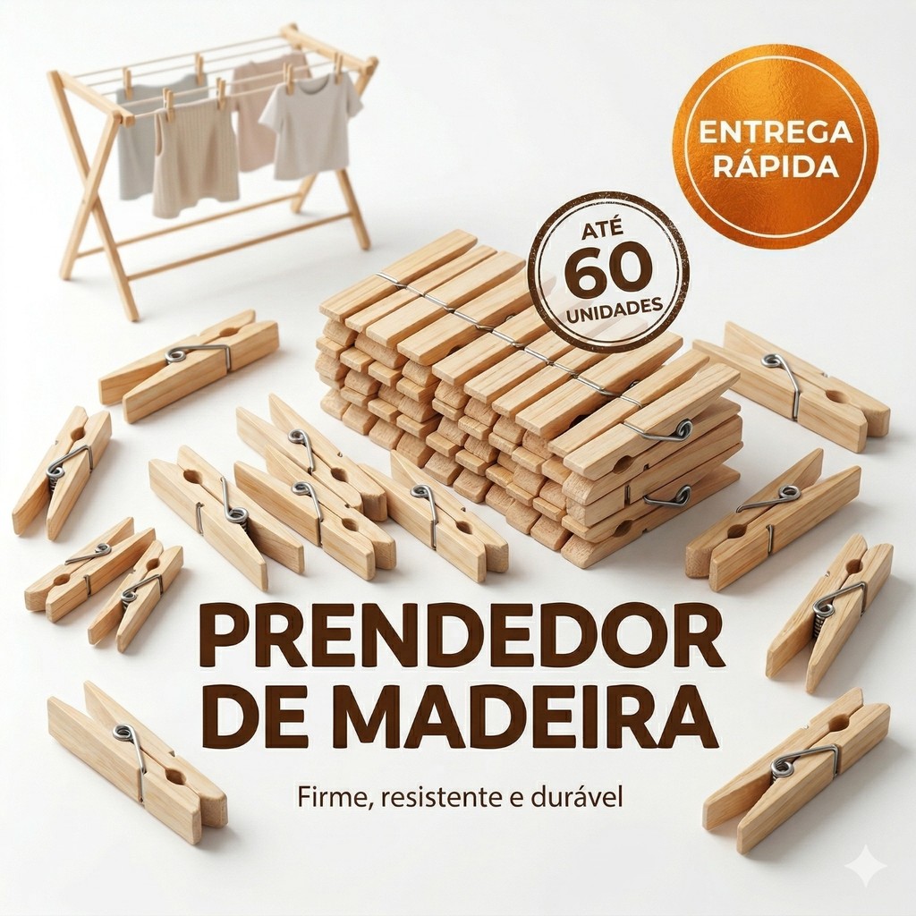 Pregador de Roupa Madeira Reforçado – 12/24/36/48/60 Unidades – Altissima Qualidade