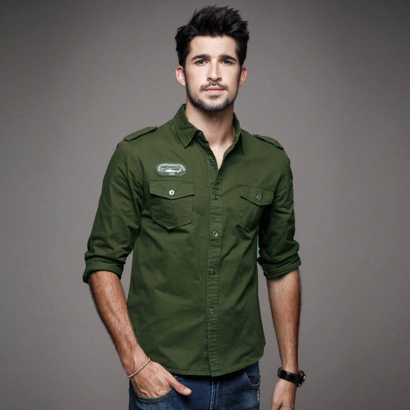 Camisa de manga comprida masculina primavera outono fina camisa de ajuste fino Casual militar masculino ao ar livre tama