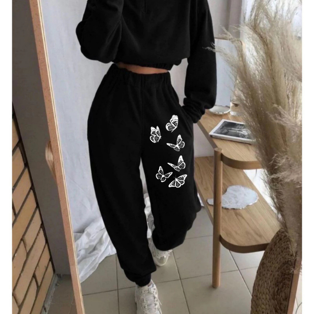 Calça Feminina Estampado Borboletas Moletom Flanelado Algodão Jogger Inverno Frio Ribana Academia